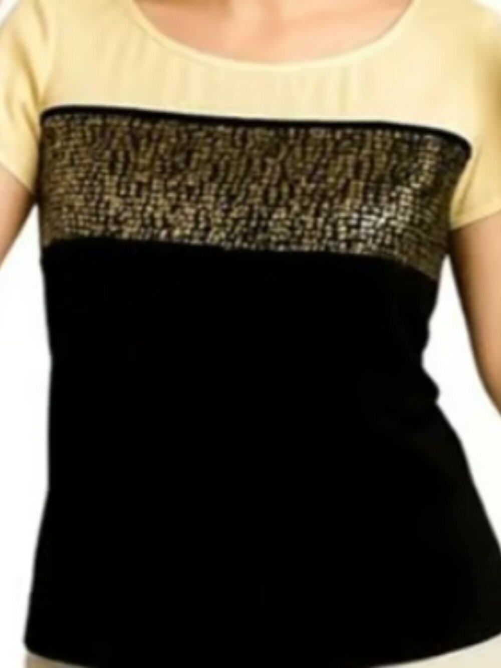 NEXT Sparkly Short Sleeve Top Colorblock Sequin Cream Gold Black Blouse Medium